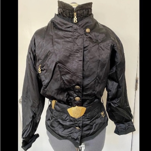 CHIC VINTAGE 1990s BOGNER LADIES SKI JACKET BLACK GOLD BELTED w/ HEADBAND 10 EUC - Picture 3 of 12